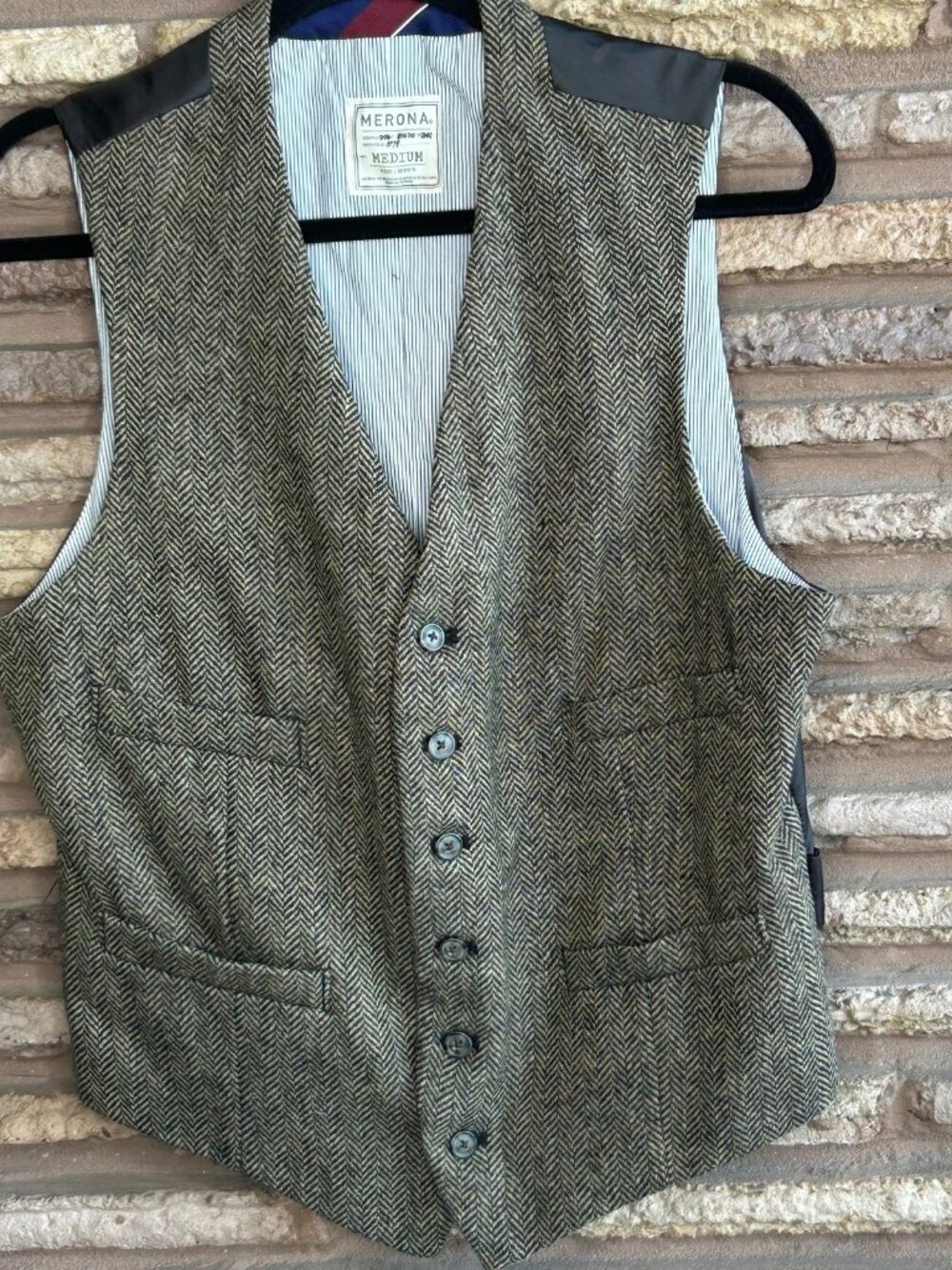 Merona Men's Vintage 80's Brown Herringbone Tweed Wool Vest Waistcoat Size M - Picture 8 of 8